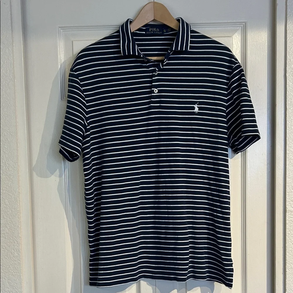 Polo RL Blue and White Striped Jersey Knit Polo